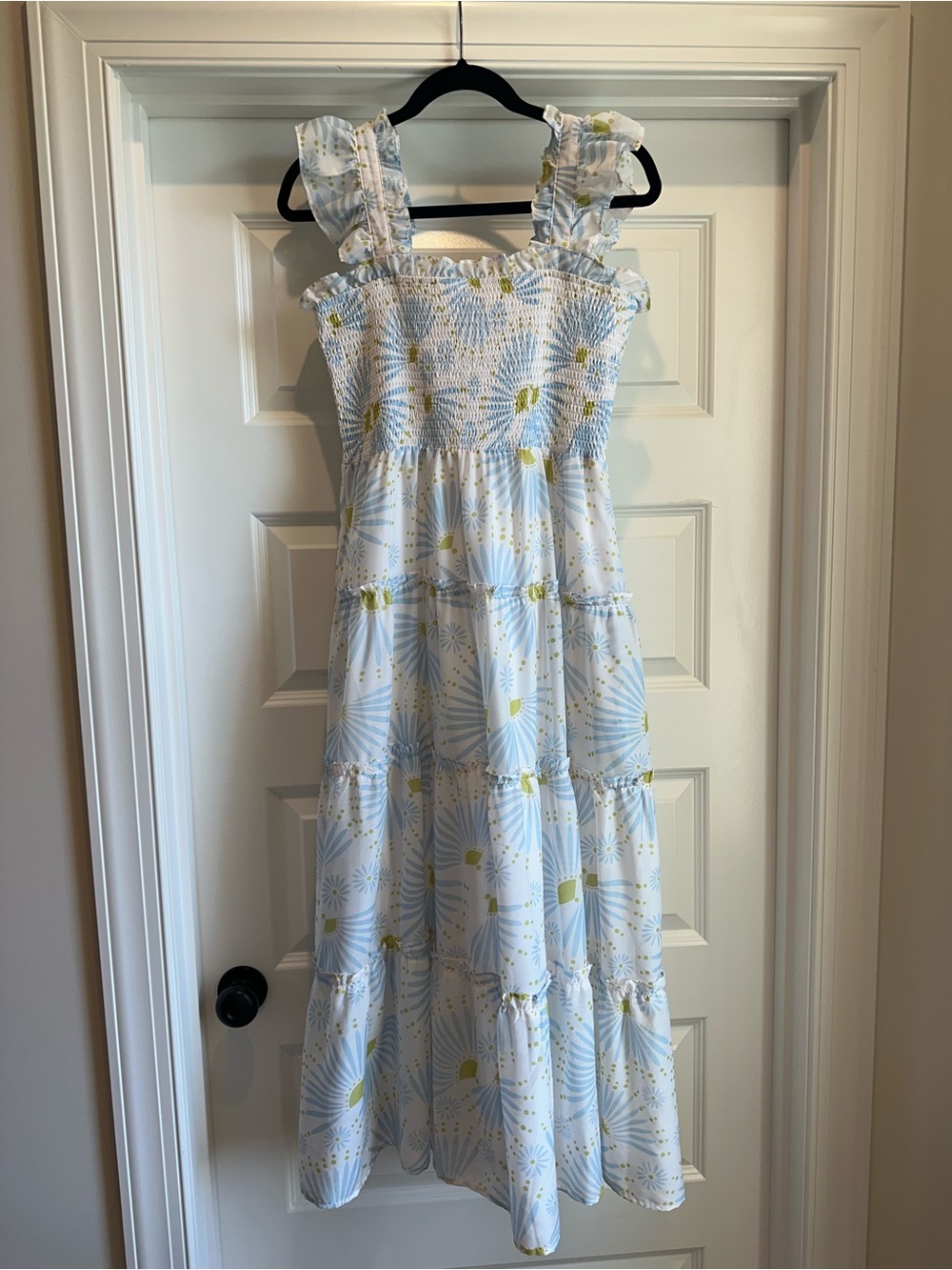 Women's Blue Floral Smocked Tiered Maxi Dress